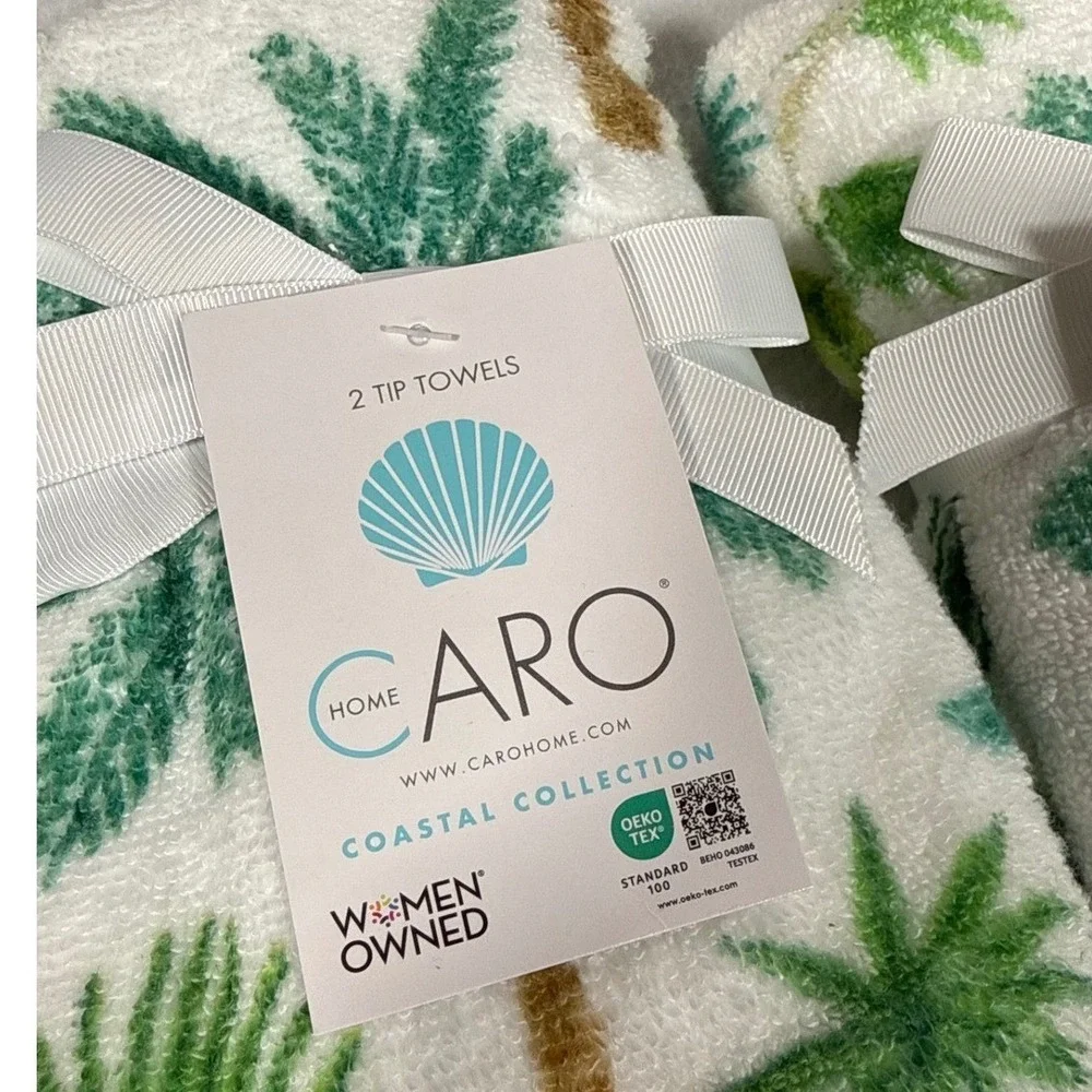 Caro Home Coastal Collection Palm Tree Tip Towels Set of 4 White Green‎ New